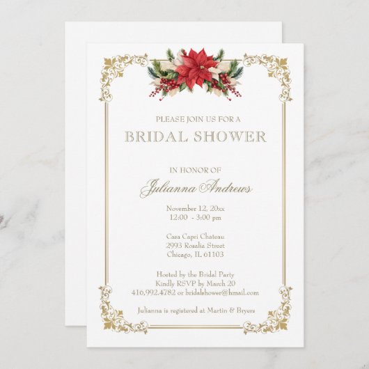 クリスマスウィンターブライダルシャワーポインセティアス 招待状 (正面/裏面)