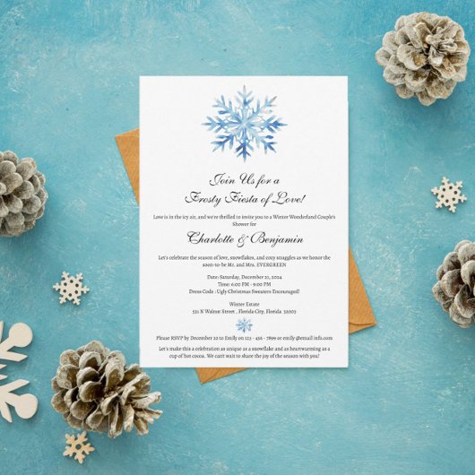 クリスマスウィンターブルースノーフレークカップルのシャワー 招待状