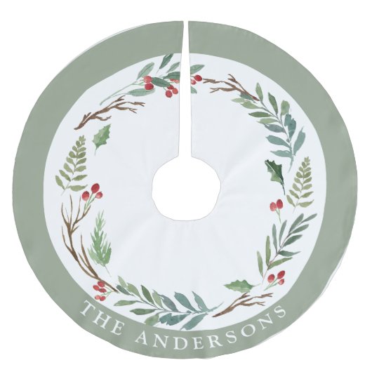 クリスマスウィンターベリーカスタムリースファミリー名 ブラッシュドポリエステルツリースカート (正面)