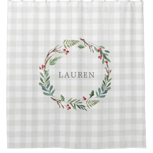 クリスマスウィンターベリーリースモノグラム シャワーカーテン (正面)