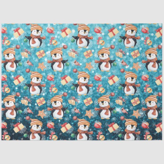 クリスマスウィンターペンギン雪片ブルー子供へ 薄葉紙 (正面)