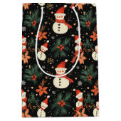 クリスマスウィンターホリデー雪だるまフローラルパターン ミディアムペーパーバッグ (正面)