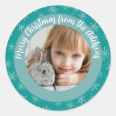クリスマスウィンターホワイト&アクアスノーフレーク写真 ラウンドシール (正面)