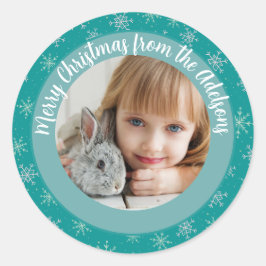 クリスマスウィンターホワイト&アクアスノーフレーク写真 ラウンドシール