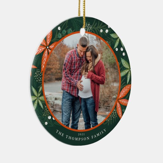 クリスマスウィンターボタニカルグリーンホリデーフォト セラミックオーナメント (右)