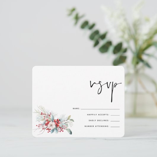 クリスマスウィンターポインセチア果実ウェディングRSVP 出欠カード (スタンド正面)