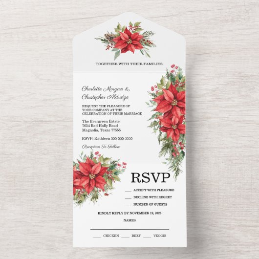 クリスマスウィンターポインセチア水彩 オールインワン招待状 (内側)