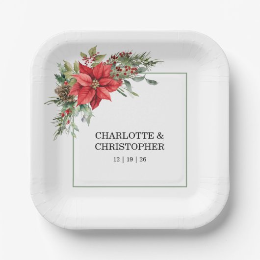クリスマスウィンターポインセチア水彩 ペーパープレート (正面)
