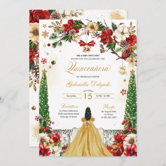 クリスマスウィンターポインセチア赤金ゴールドキンセアニェラ 招待状 (正面/裏面)