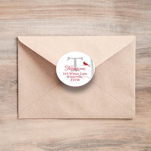 クリスマスウィンターミニマリストモノグラムレッド(鳥)ショウジョウコウカンチョウ ラウンドシール