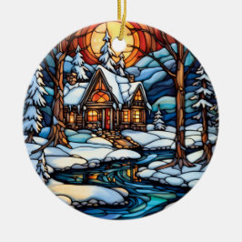 クリスマスウィンターランドスケープのステンドグラススタイル セラミックオーナメント