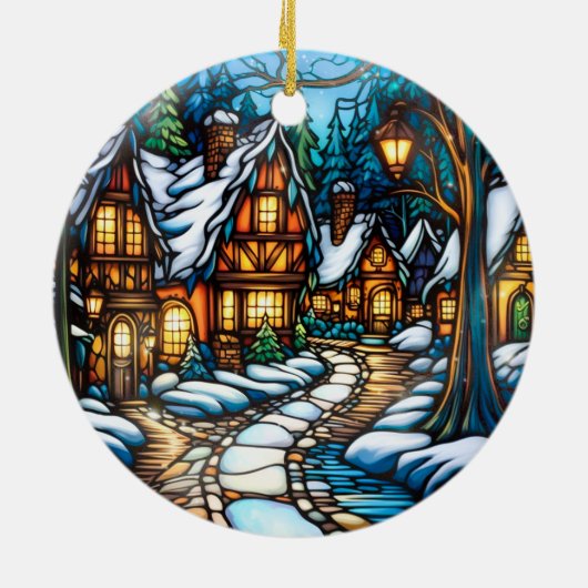 クリスマスウィンターランドスケープのステンドグラススタイル セラミックオーナメント (裏面)