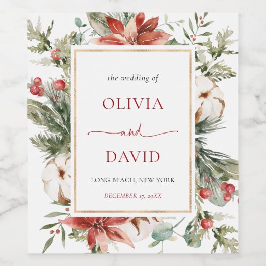 クリスマスウィンターレッドグリーンリー結婚金ゴールド ワインラベル (シングルラベル)