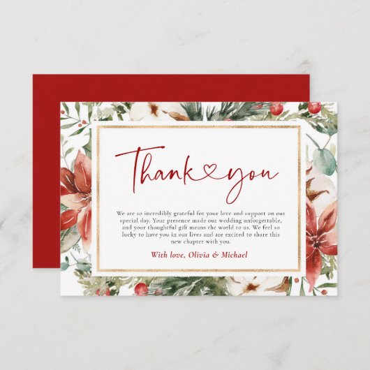 クリスマスウィンターレッドグリーン結婚金ゴールド サンキューカード (正面/裏面)