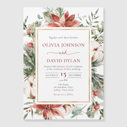 クリスマスウィンターレッドグリーン結婚金ゴールド マグネット招待状 (正面)