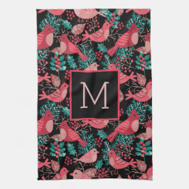 クリスマスウィンターレッドバードベリーの休日 キッチンタオル