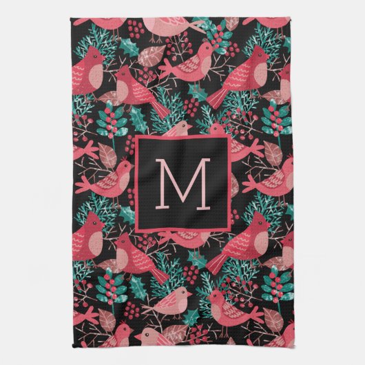 クリスマスウィンターレッドバードベリーの休日 キッチンタオル (縦)