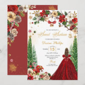 クリスマスウィンターレッド金ゴールドポインセチアSweet sixteen 招待状 (正面/裏面)