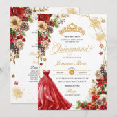 クリスマスウィンターレッド&金ゴールドポインセチアキンセアニェラ 招待状 (正面/裏面)