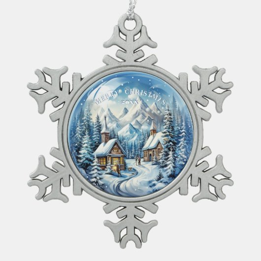 クリスマスウィンターログキャビンカントリー スノーフレークピューターオーナメント (正面)