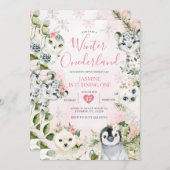 クリスマスウィンターワンダーランド北極動物のフローラ 招待状 (正面/裏面)