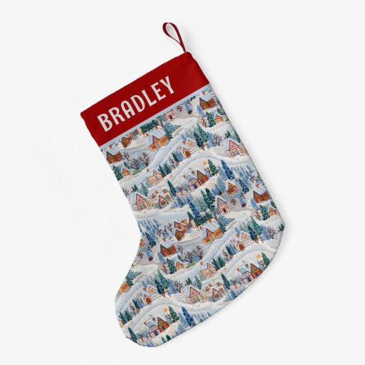 クリスマスウィンターヴィレッジ刺繍パーソナライズされた スモールクリスマスストッキング (裏面 (吊り時))