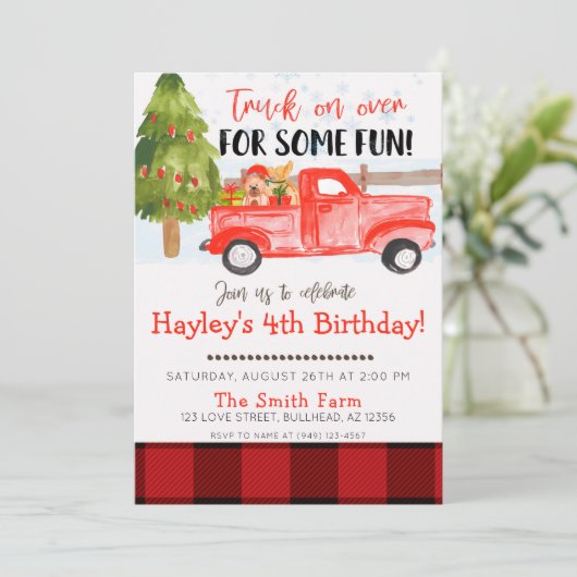 クリスマスウィンターヴィンテージファームトラック誕生日 招待状 (スタンド正面)