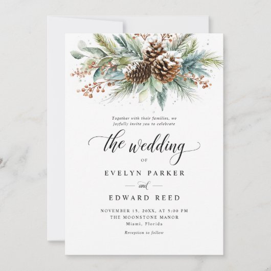 クリスマスウィンター結婚ボタニカル 招待状 (正面)