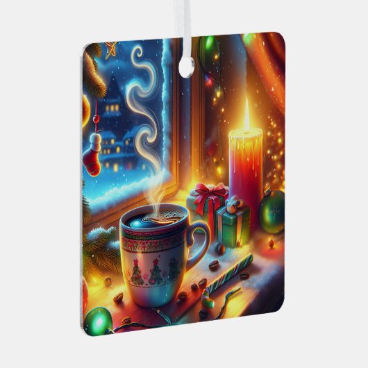 クリスマスウィンドウにホットチョコレートパーソナライズされた メタルオーナメント (正面右)