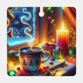 クリスマスウィンドウにホットチョコレートパーソナライズされた メタルオーナメント (正面)