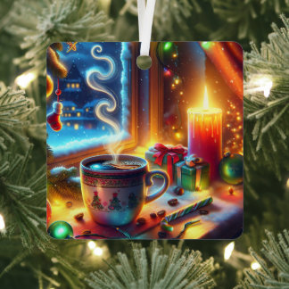 クリスマスウィンドウにホットチョコレートパーソナライズされた メタルオーナメント