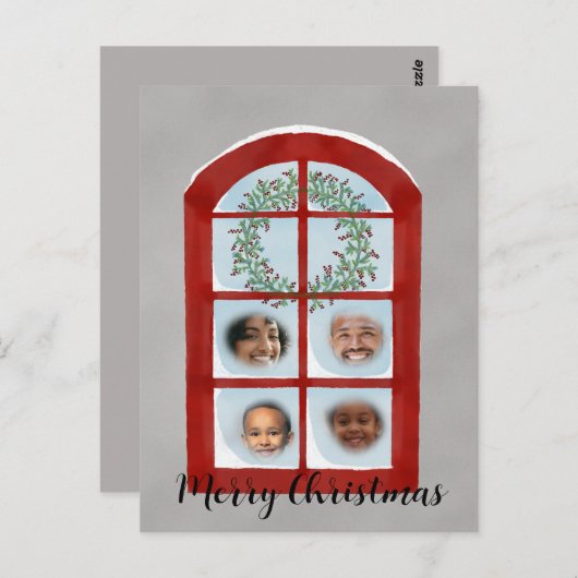 クリスマスウィンドウの後ろの家族のフォトカード ポストカード (正面/裏面)