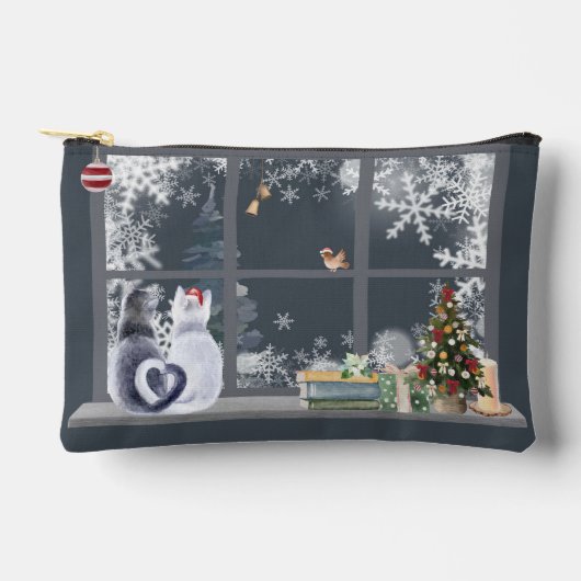 クリスマスウィンドウの猫 アクセサリーポーチ (正面)