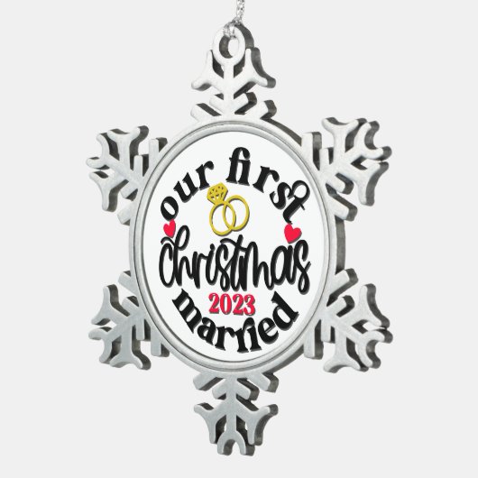 クリスマスウィーズ初めてのクリスマス結婚したオーナメント スノーフレークピューターオーナメント (右)