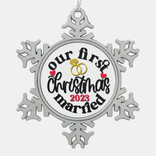 クリスマスウィーズ初めてのクリスマス結婚したオーナメント スノーフレークピューターオーナメント (正面)