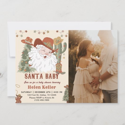 クリスマスウェスタンのサンタ赤ちゃんシャワー写真 招待状 (正面)