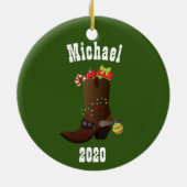 クリスマスウェスタンカウボーイブパーソナライズされたーツ セラミックオーナメント (裏面)