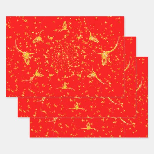 クリスマスウェスタングリッターレッド金ゴールドガーリーカウズスカル ラッピングペーパーシート (セット)