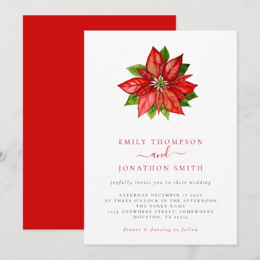 クリスマスウェディングシングルレッドポインセチア招待状 招待状 (正面/裏面)