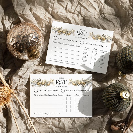 クリスマスウェディング ゴールド ホリーとオーナメント エントリ 出欠カード