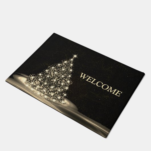 クリスマスウェルカムゴールデンシャイニーツリーウィンターブラック ドアマット (アングル)