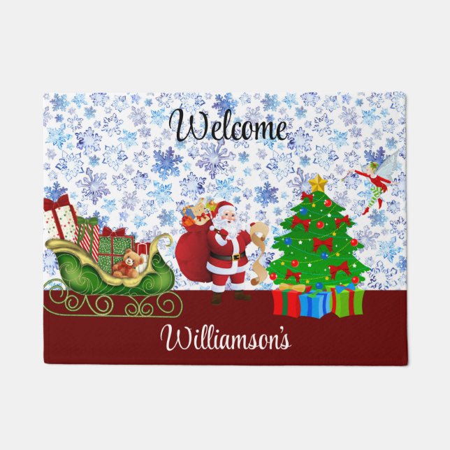 クリスマスウェルカムサンタがリストを作っている ドアマット (正面)
