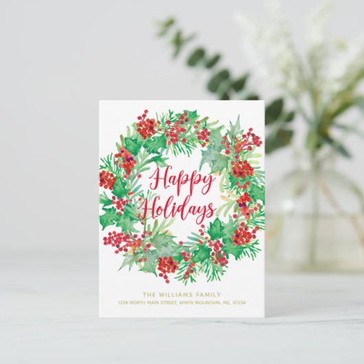 クリスマスウォーターのカラーリースモダンスクリプトの移動 シーズンポストカード (スタンド正面)