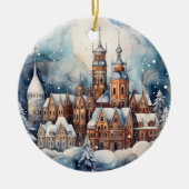 クリスマスウォーターカラーの町を追加気持ち セラミックオーナメント (正面)