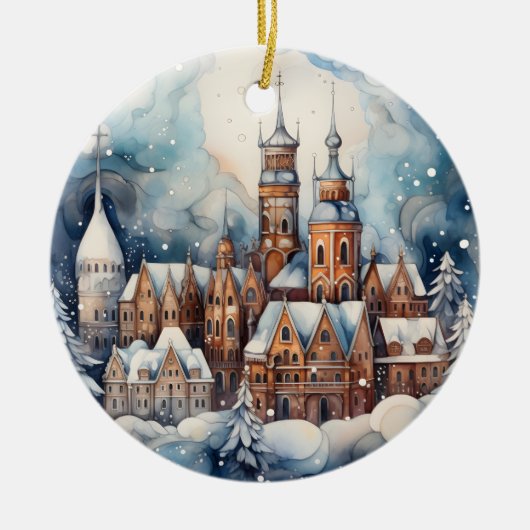 クリスマスウォーターカラーの町を追加気持ち セラミックオーナメント (正面)