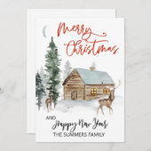 クリスマスウォーターカラーウィンターウッドランドキャビン シーズンカード (正面/裏面)