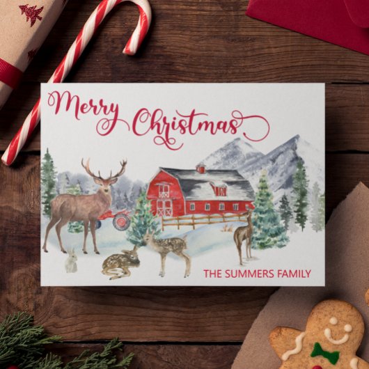 クリスマスウォーターカラーウィンターバーンウッドランドディアー シーズンカード