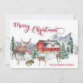 クリスマスウォーターカラーウィンターバーンウッドランドディアー シーズンカード (正面)