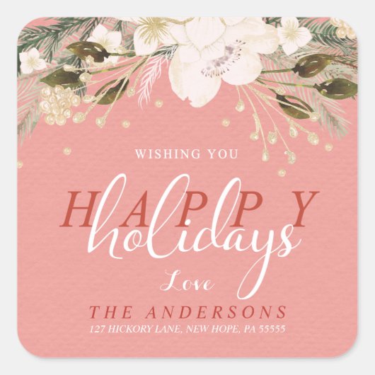 クリスマスウォーターカラーウィンターフラワーズ差出人住所 スクエアシール (正面)