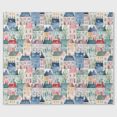 クリスマスウォーターカラーカラフルハウスホリデイ ラッピングペーパー (フラット)